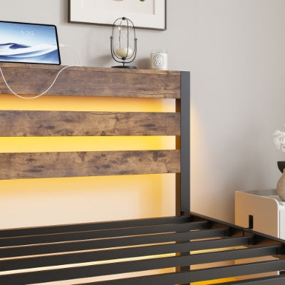 Einzelbettgestell Schwerlast-Plattformbettgestell mit Kopfteil, USB-Ladestation, LED-Beleuchtung, Kein Lattenrost erforderlich, Matratzenunterlage, Starke Stahllatten, Geräuschlos, Braun