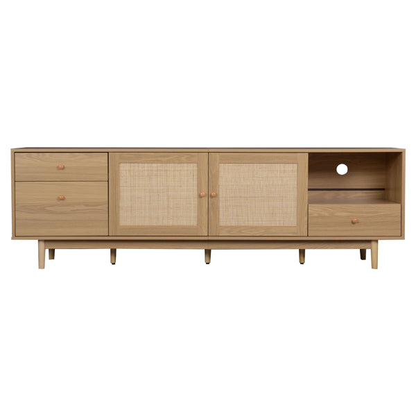 Boho-Fernsehtisch für 65-, 75-, 85-Zoll-Fernseher, Medienzentrale mit offener Aufbewahrung und Schubladen, modernes Holzmöbel für TV-Geräte mit echtem Rattan