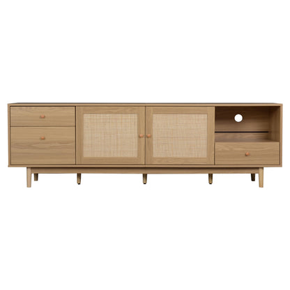 Boho-Fernsehtisch für 65-, 75-, 85-Zoll-Fernseher, Medienzentrale mit offener Aufbewahrung und Schubladen, modernes Holzmöbel für TV-Geräte mit echtem Rattan