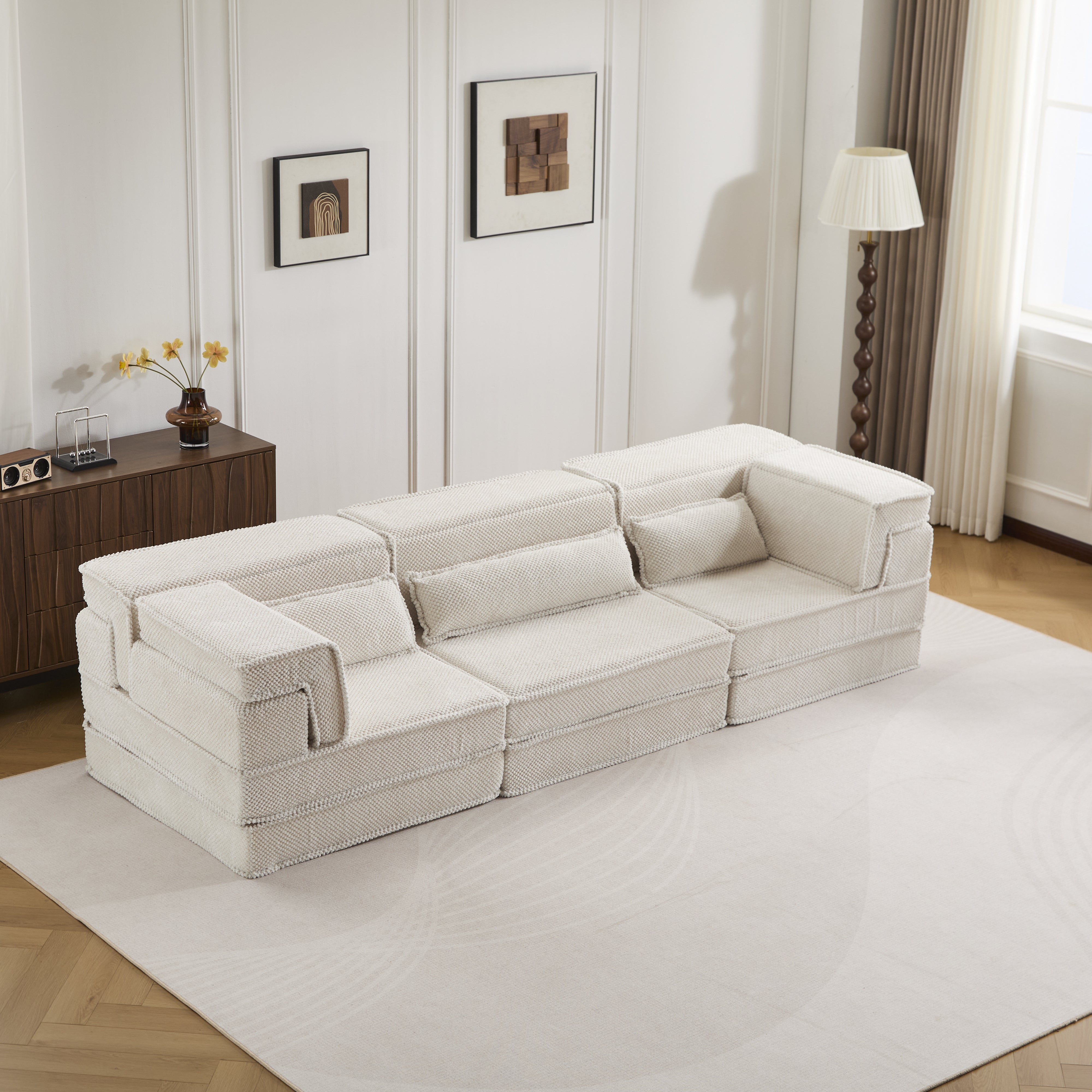 Kompressions-Mahjong-Sofa, umklappbares Boden-Sofabett, DIY knochenloses modulares Sektionssofa, keine Montage erforderlich, Kreis-Fleece-Stoff, überdimensioniertes 3-Sitzer-Sofa mit 3 Kissen, Weiß