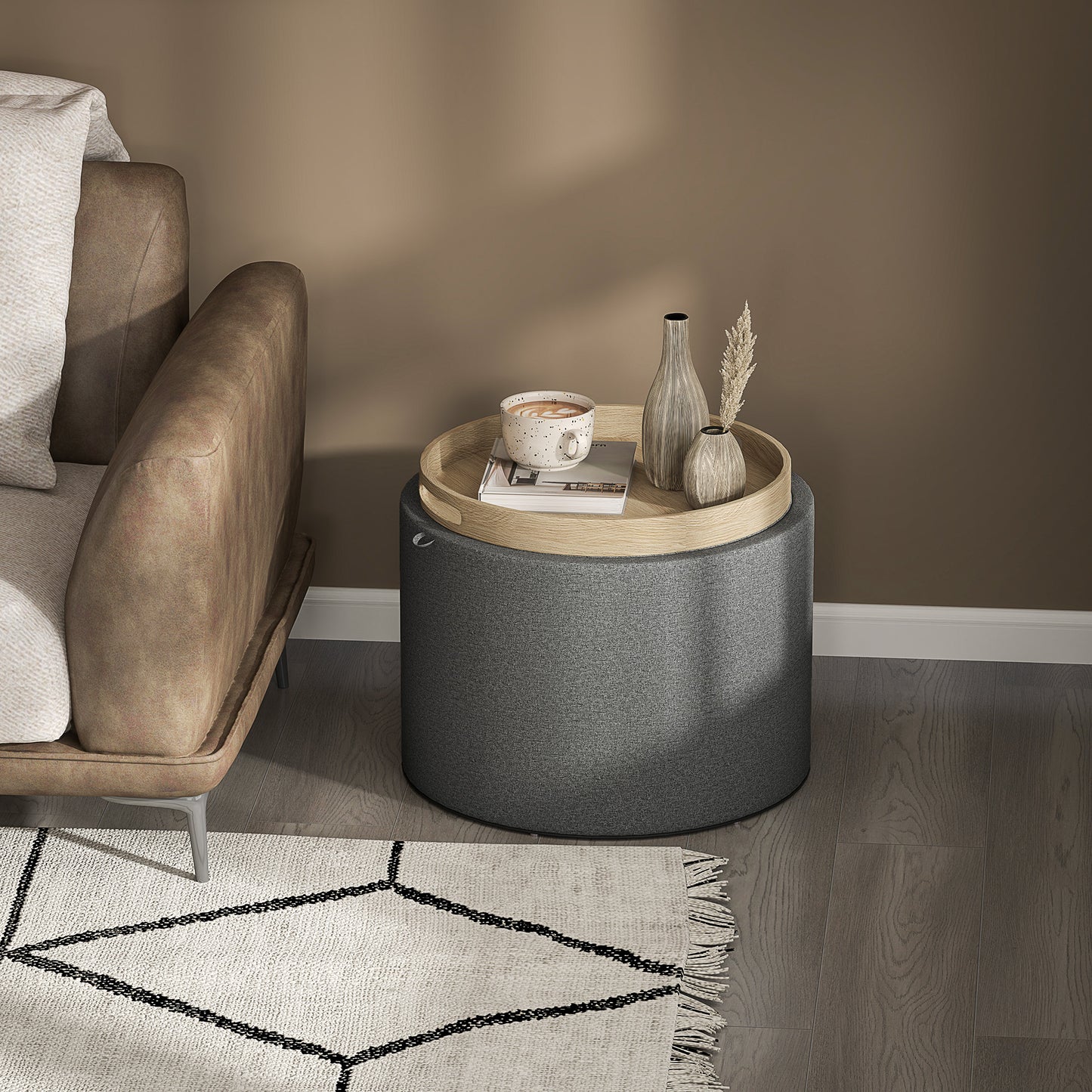 Round Storage Ottoman Coffee Table with Flip Top Tray