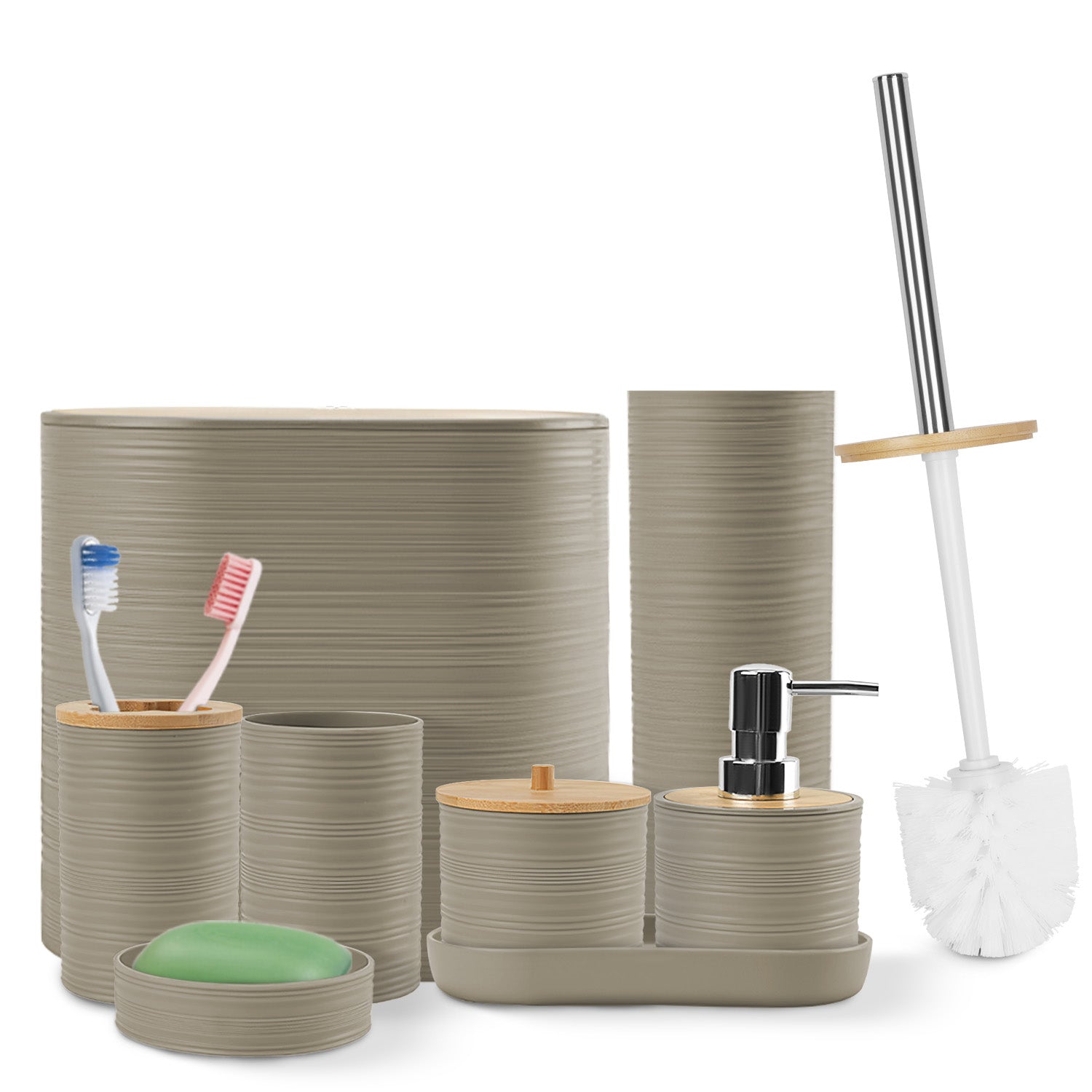 5 Farboptionen -- Set aus 8 Teilen Badezimmerezubehör-Set Badezimmerhalter-Set mit Seifenspender Zahnbürstenhalter Becher Seifenschale Toilettenreinigungsbürste Mülleimer Wattestäbchenhalter Schminktischtablett für Zuhause