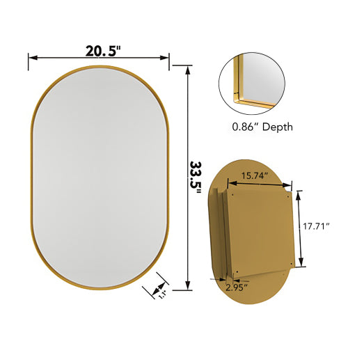 20x34 Zoll Ovales Einbaumedizinschränkchen, Metallgerahmter Badezimmerwand-Schrank mit Spiegel und einstellbaren Regalen, Wandspiegel mit Stauraum für das Badezimmer, Mattgold