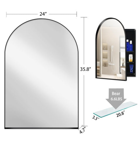 24x36 Zoll gewölbter eingelassener Arzneischrank, Badezimmer-Wandspiegel mit Metallrahmen, Spiegel und einstellbaren Regalen, Wandspiegel mit Stauraum für das Badezimmer, mattschwarz