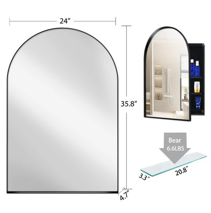 24x36 Zoll gewölbter eingelassener Arzneischrank, Badezimmer-Wandspiegel mit Metallrahmen, Spiegel und einstellbaren Regalen, Wandspiegel mit Stauraum für das Badezimmer, mattschwarz