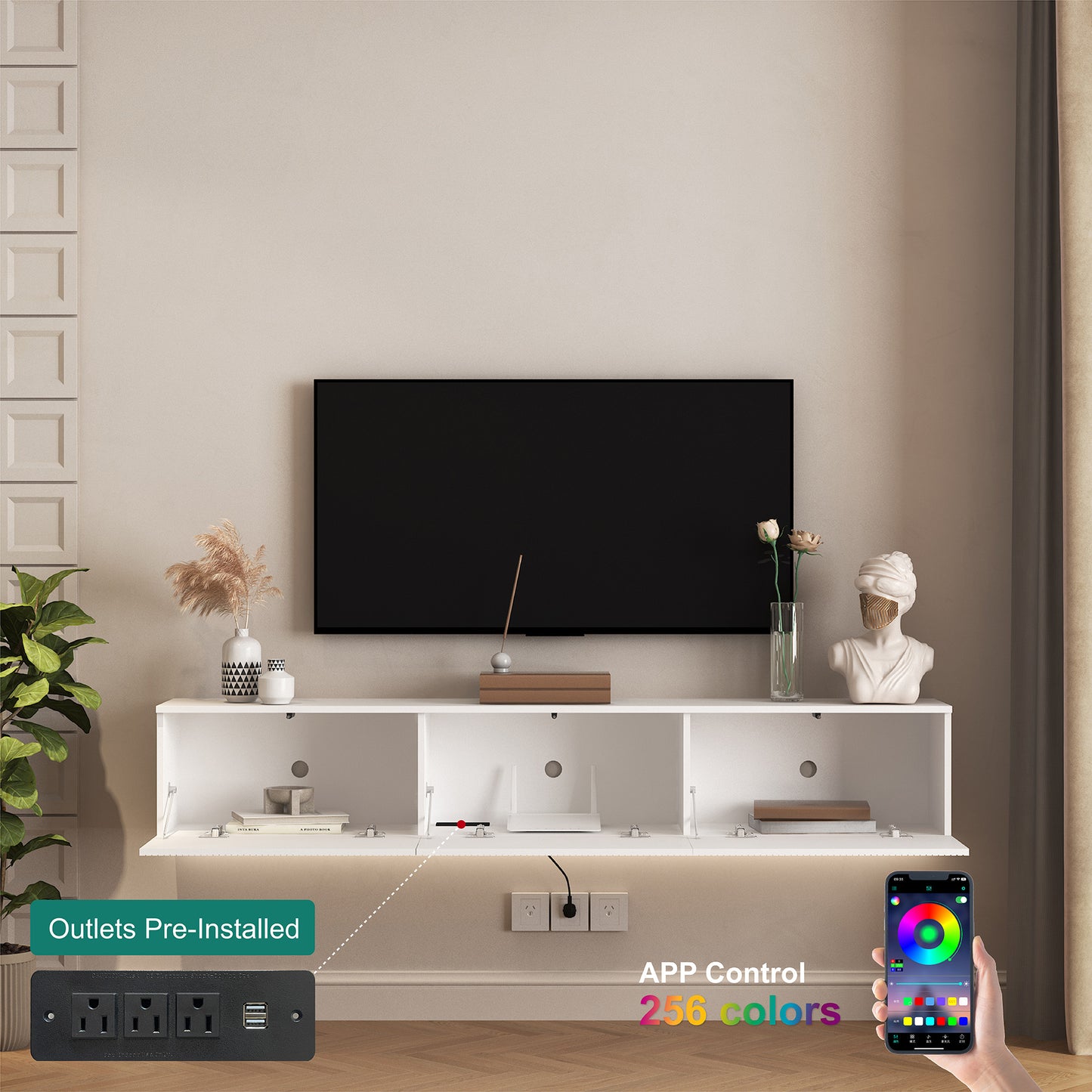 Schwebender TV-Ständer Wandmontiert mit 16-farbigen LEDs, Moderner TV-Ständer, Schwebender TV-Schrank Entertainment-Center für 55 60 65 Zoll TV