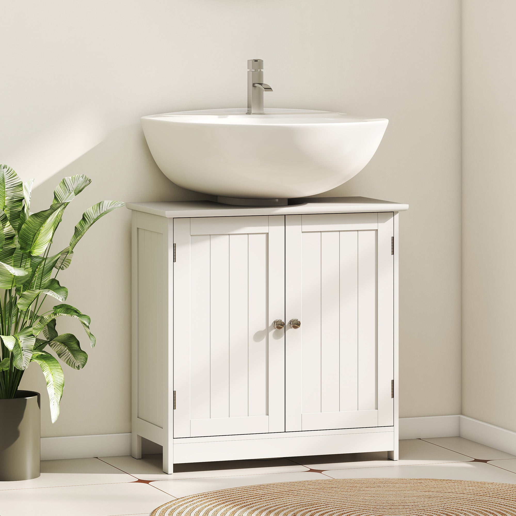 Unterwaschbecken-Badregal, Sockel-Waschbecken-Schrank mit 2 Türen, Regal und U-Form, Weiß