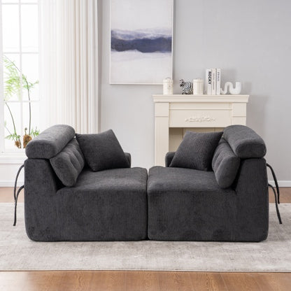 LY-029 Graue Kompressionssofa für 4 Personen, Kombinierte Sofa, Holzmaserung Chenille-Stoff, Voll-Schwamm-Kompressionssofa, kombinierte Sofa mit 2 Kissen für Wohnzimmer, Möbel für Zuhause, Wohnung