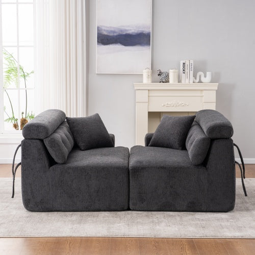 LY-029 Graue Kompressionssofa für 4 Personen, Kombinierte Sofa, Holzmaserung Chenille-Stoff, Voll-Schwamm-Kompressionssofa, kombinierte Sofa mit 2 Kissen für Wohnzimmer, Möbel für Zuhause, Wohnung