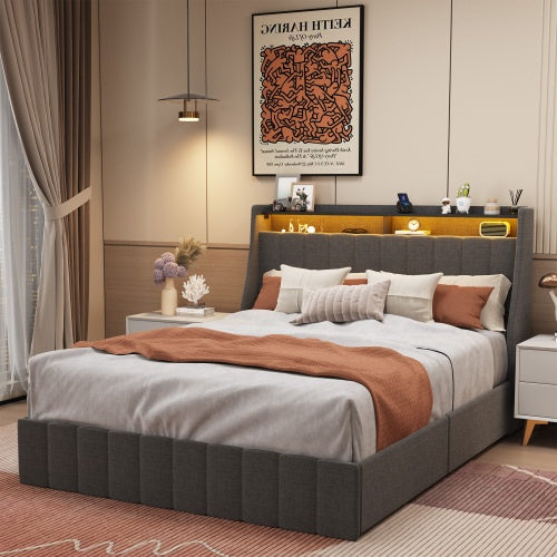Bettgestell in Voller Größe mit LED, 4 Unterbett-Portable-Aufbewahrungsschubladen, Flügel-Kopfteil-Design