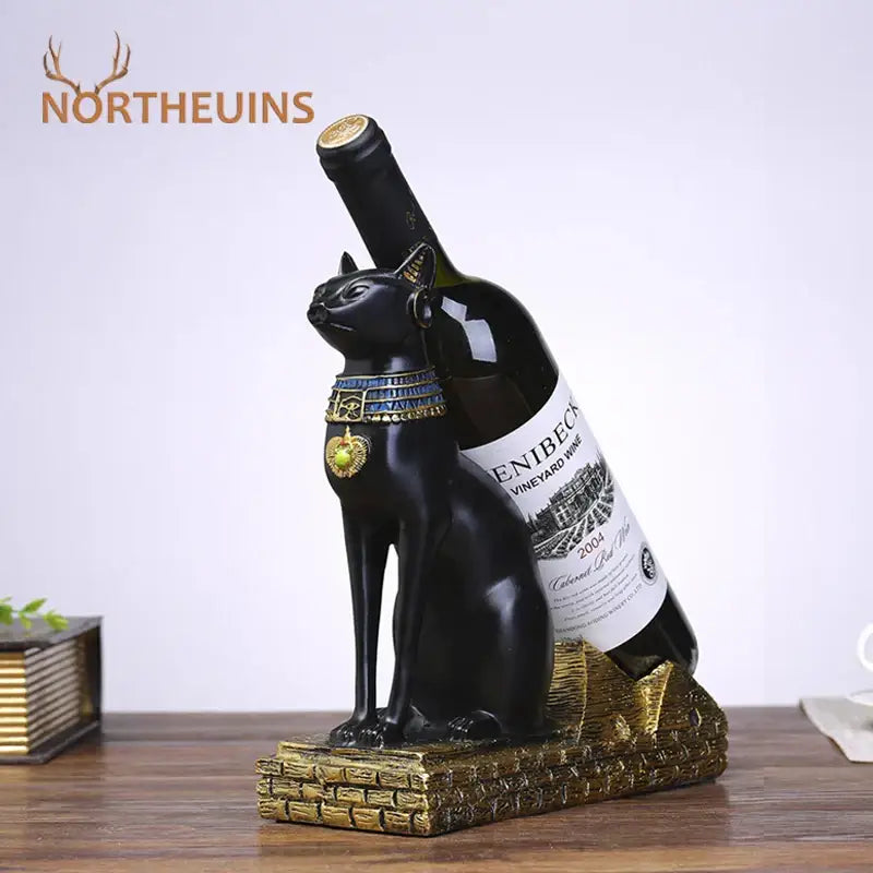 Egyptian black resin cat god wine rack with gold and blue collar holding wine bottle for dining room decor
