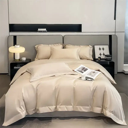 Beige satin DecorBites™ 1000TC Egyptian cotton duvet cover set with matching pillows and fitted sheet with smooth finish