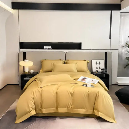 Golden satin decorbites™ 1000tc egyptian cotton bedding set with duvet cover and matching pillows neatly folded