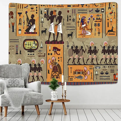 Egyptian egypt tapestry wall hanging with intricate hieroglyphics in orange brown and black on beige textured fabric
