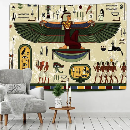 Egyptian egypt tapestry wall hanging with central figure in red and gold wings on off-white for bedroom art