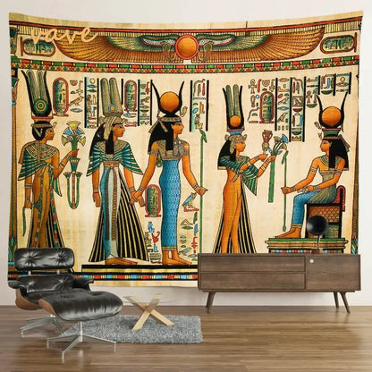 Egyptian mandala tapestry wall hanging with vibrant blues golds and greens featuring hieroglyphics on beige background