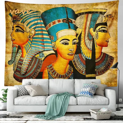 Vintage-style egyptian mandala tapestry wall hanging featuring three stylized pharaohs in blue and gold with hieroglyphics