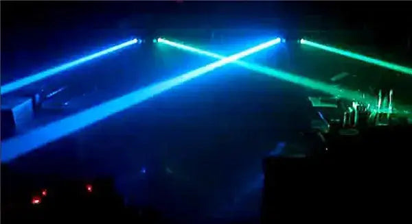 Blue and green laser beams cross from eight eyes led rgbw stage light creating dynamic party room effect
