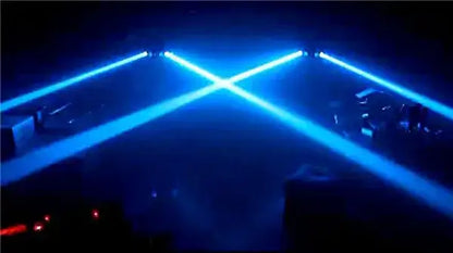 Eight eyes led rgbw stage light projecting blue laser beams crossing in an x-shape for party room effects