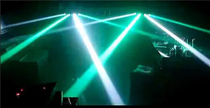 Eight eyes led rgbw beam stage light projecting bright green and white laser beams with intersecting patterns on stage