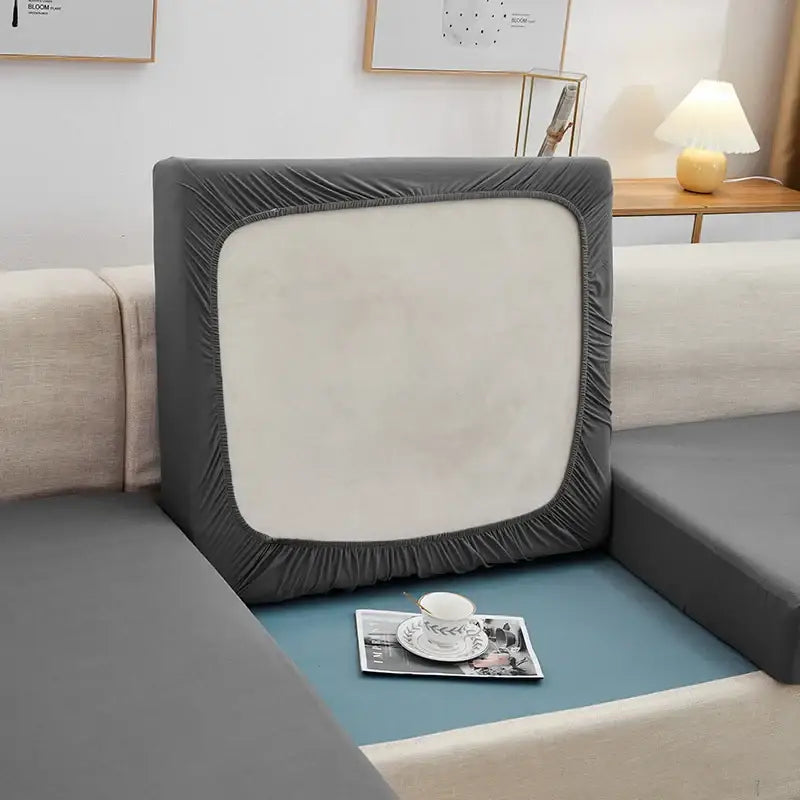 Elastic gray stretch sofa seat cushion cover with white central panel made of elastic material for living room protection