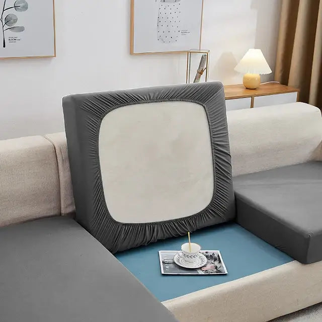 Gray elastic stretch sofa back cushion cover with a white central panel for living room seat protector