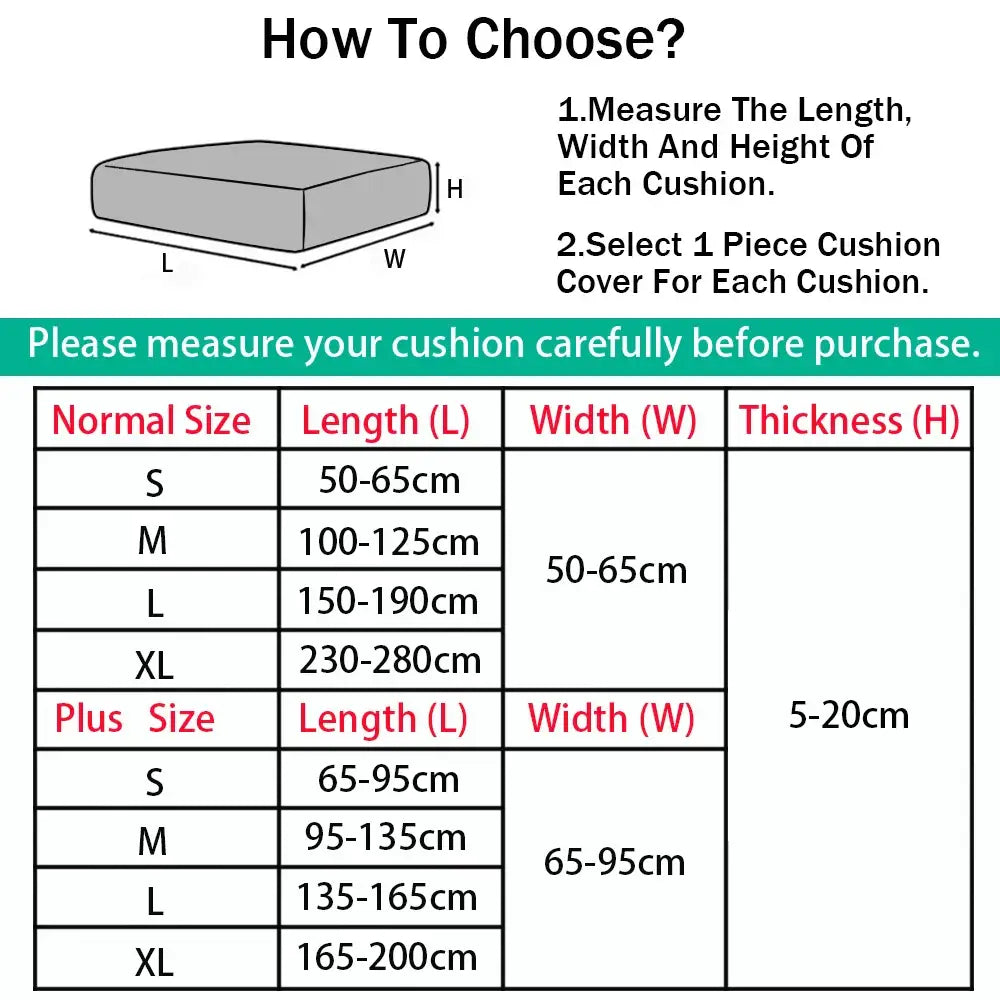 The cushion cover size chart displays measurements for various standard and plus sizes, including length (l), width (w), and thickness (h) in centimeters.