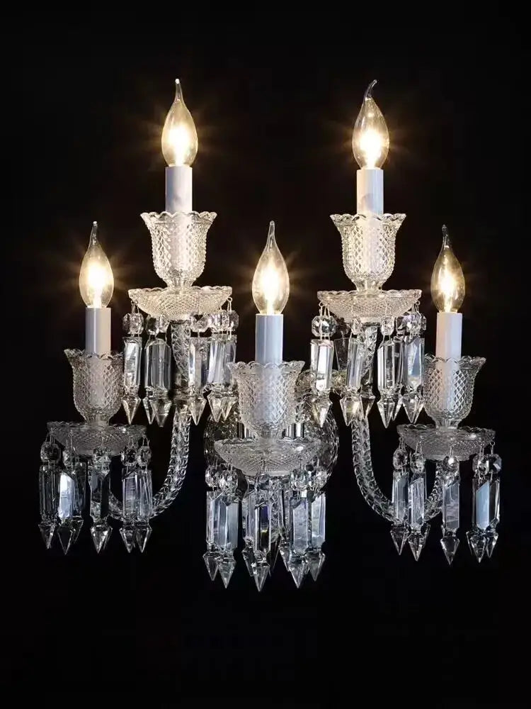 Elegant 5-light crystal wall lamp with lit candle bulbs and faceted crystal droplets for bedroom and aisle decorbites decor