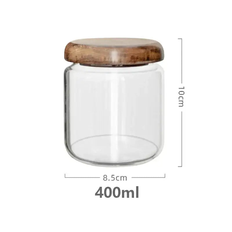 Clear glass jar with elegant acacia wood lid 400ml capacity for kitchen food storage with wood lid design