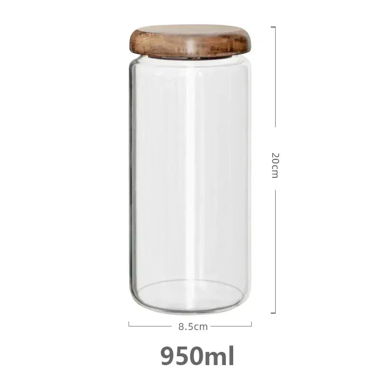 Clear glass storage jar with elegant acacia wood lid and 950ml capacity for kitchen food storage