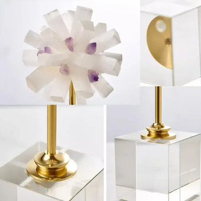 A modern table lamp with a clear acrylic base and elegant amethyst crystal flower glass decor for living room decorbites