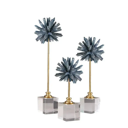 Set of three elegant gray crystal flower glass sculptures with spiky tops on clear bases for living room decorbites crystal flower
