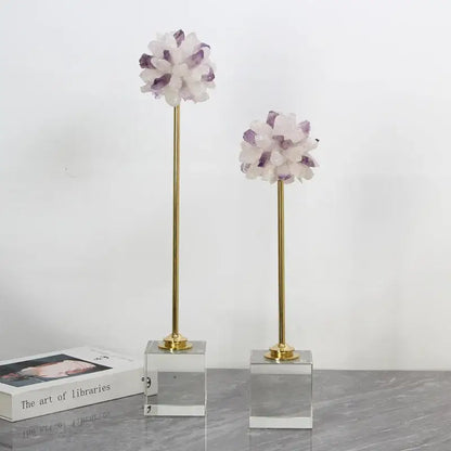 Two elegant amethyst crystal flower glass sculptures on gold stems with clear acrylic bases for living room decorbites decor