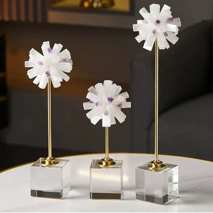 Elegant amethyst crystal flower glass sculptures with white petals and purple gemstone centers on gold stems for decorbites crystal flower decor