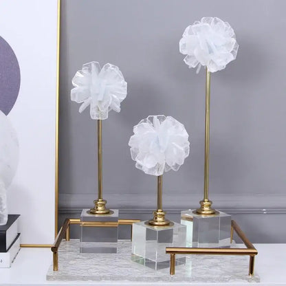 Elegant amethyst crystal flower glass sculptures feature three white organza flowers on gold-toned stems for decorbites crystal flower decor
