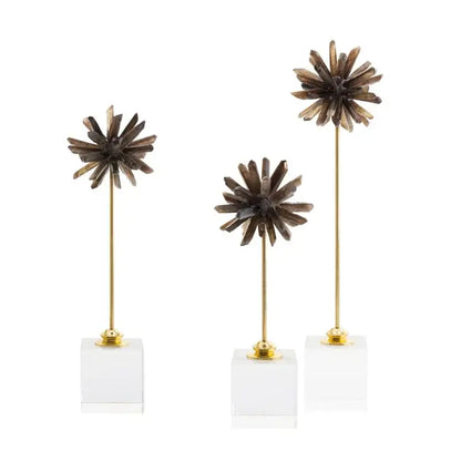 Elegant amethyst crystal flower glass sculptures with golden stems and translucent white acrylic stands for decorbites crystal flower decor