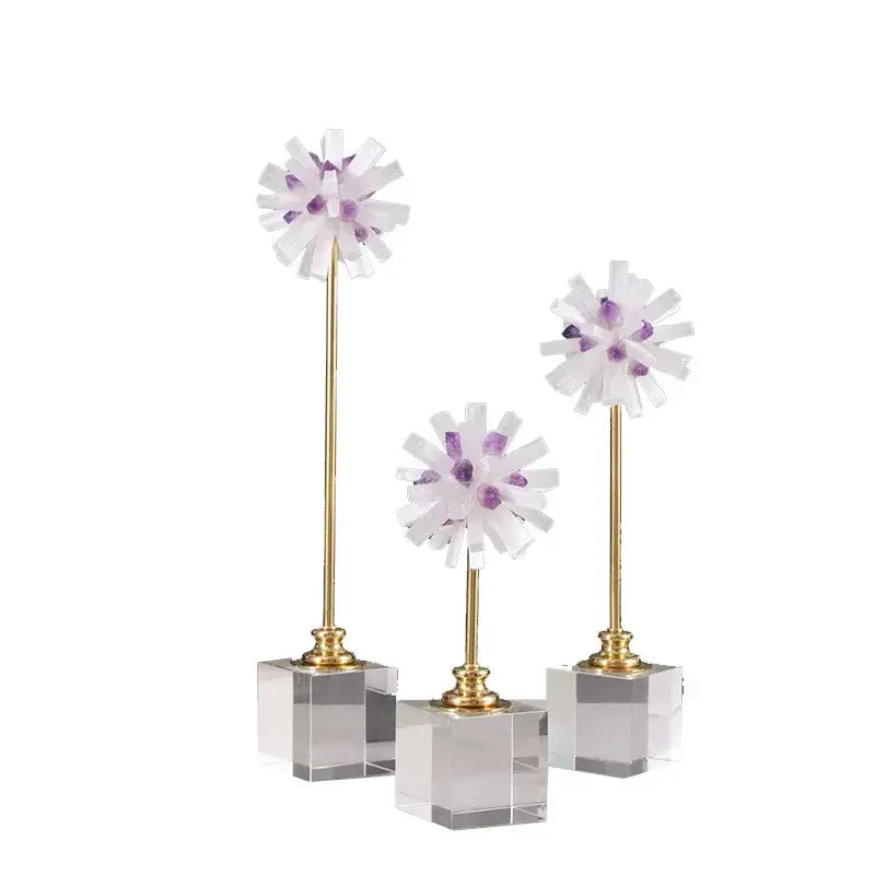 Three elegant white and purple decorbites crystal flower glass sculptures with gold stems on clear amethyst bases for living room decor
