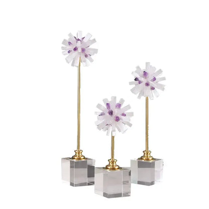 Three elegant white and purple decorbites crystal flower glass sculptures with gold stems on clear amethyst bases for living room decor