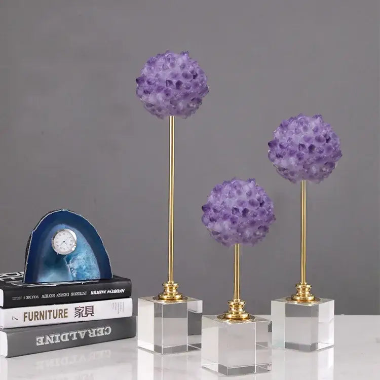 Elegant amethyst crystal flower glass sculptures with purple orbs on gold stems and clear acrylic bases for decorbites crystal flower decor