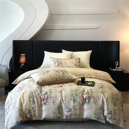 Cream-colored satin bedding set with delicate pink green floral pattern made from colorful Egyptian cotton