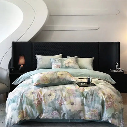 Elegant bird floral cream bedding set featuring a soft light blue colorful egyptian cotton duvet with pastel blossoms