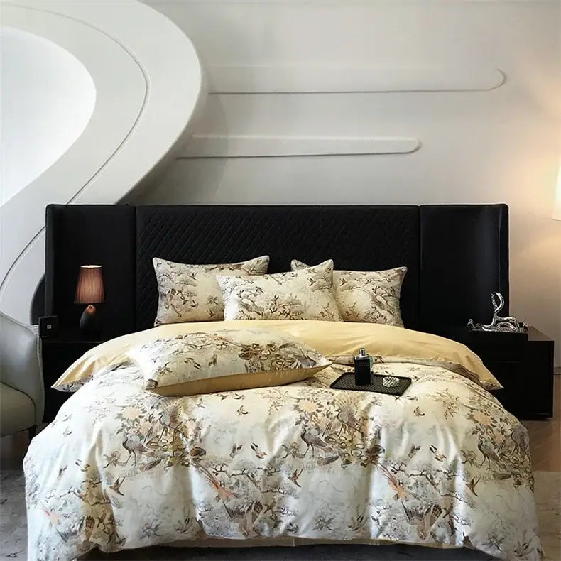 Elegant cream satin bedding set with delicate bird floral pattern in muted golds on black bed by decorbites colorful egyptian cotton