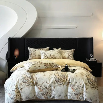 Elegant cream satin bedding set with delicate bird floral pattern in muted golds on black bed by decorbites colorful egyptian cotton