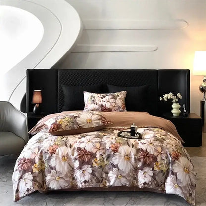 Elegant bird floral cream bedding set featuring soft pastel blossoms on satin-like colorful egyptian cotton fabric