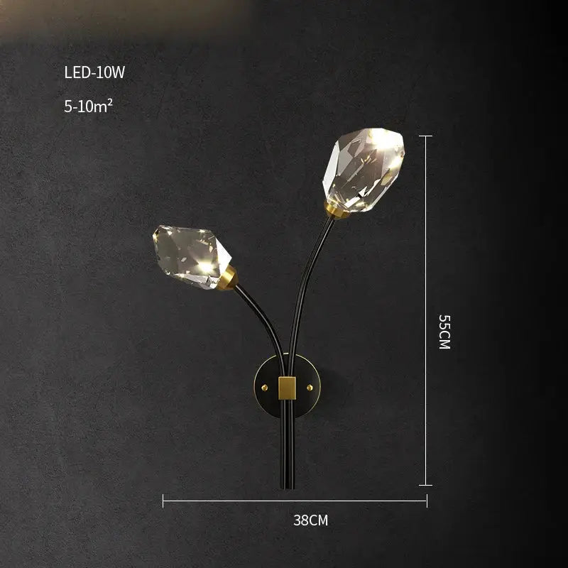 Elegant black and gold decorbites crystal stone wall sconce with two faceted bulbs for bedroom wall lamp decor