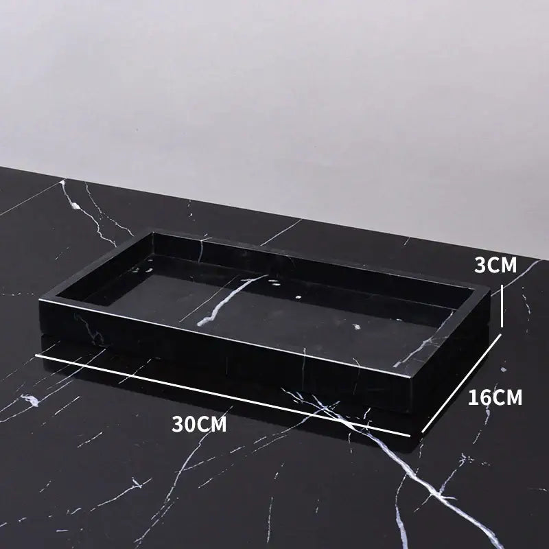 Elegant black and white afralia marble tray with white veining measuring 30cm by 16cm by 3cm for bedroom decor