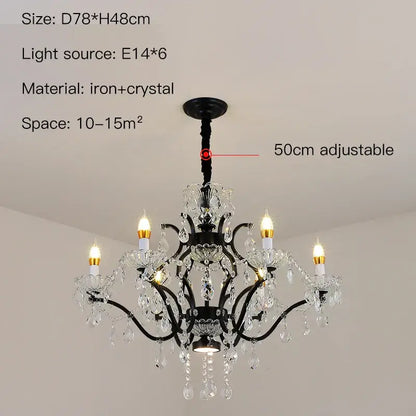 Elegant black iron crystal candle chandelier lighting with six candle-style bulbs for dining room decorbites crystal candle
