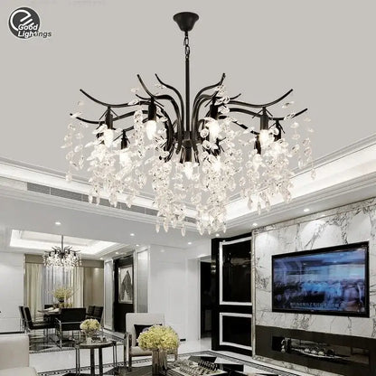Elegant black crystal chandelier with cascade of clear crystal droplets in wrought iron for dining room lighting