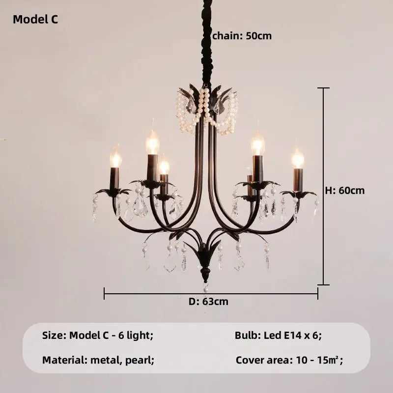 Elegant black crystal black metal chandelier with crystal droplets and pearl accents pendant light for living room