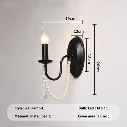 Elegant black crystal chandelier pendant light with black metal frame candle bulb and white pearl beads for living room